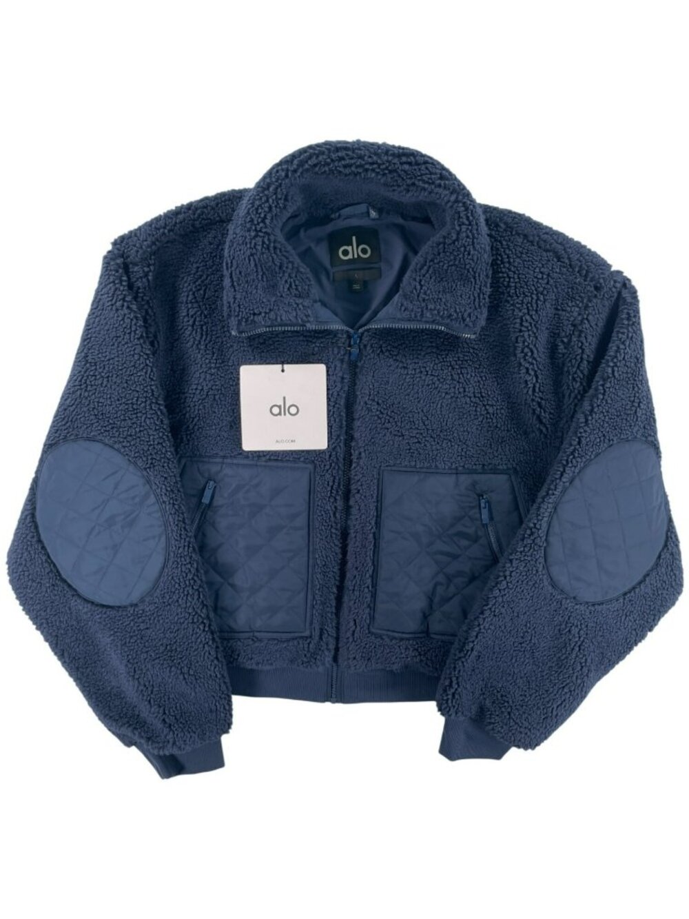 Alo Yoga Sherpa Edge Bomber Jacket Navy Quilted Outdoor Faux Fur Wmn's Sz L NEW